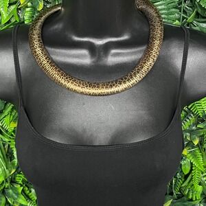 Gold Leopard Print Statement Collar Necklace Chunky Metallic Omega Chain